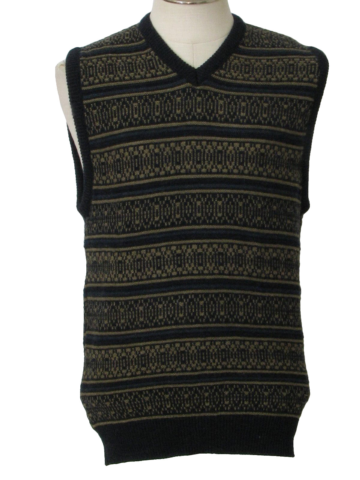 80s -Van Heusen- Mens deep blue, blue, sand striped figured acrylic knit sweater vest with ribbed knit waistband, armholes, and V neck