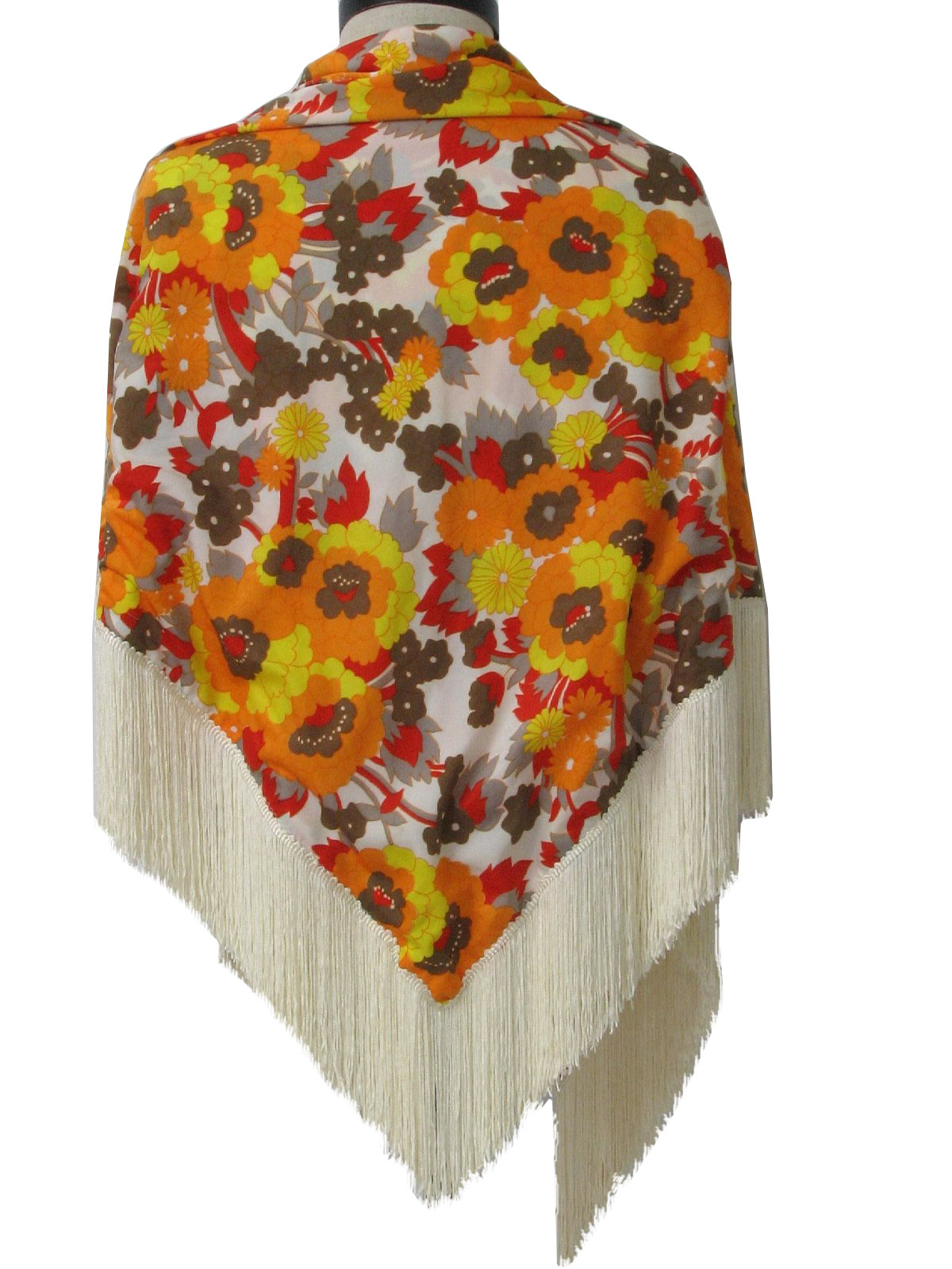 60s -Missing Label- Womens white, brown, orange, yellow, grey and red bold floral print double layered nylon, fringe tipped diamond cut shawl with tie off tips.