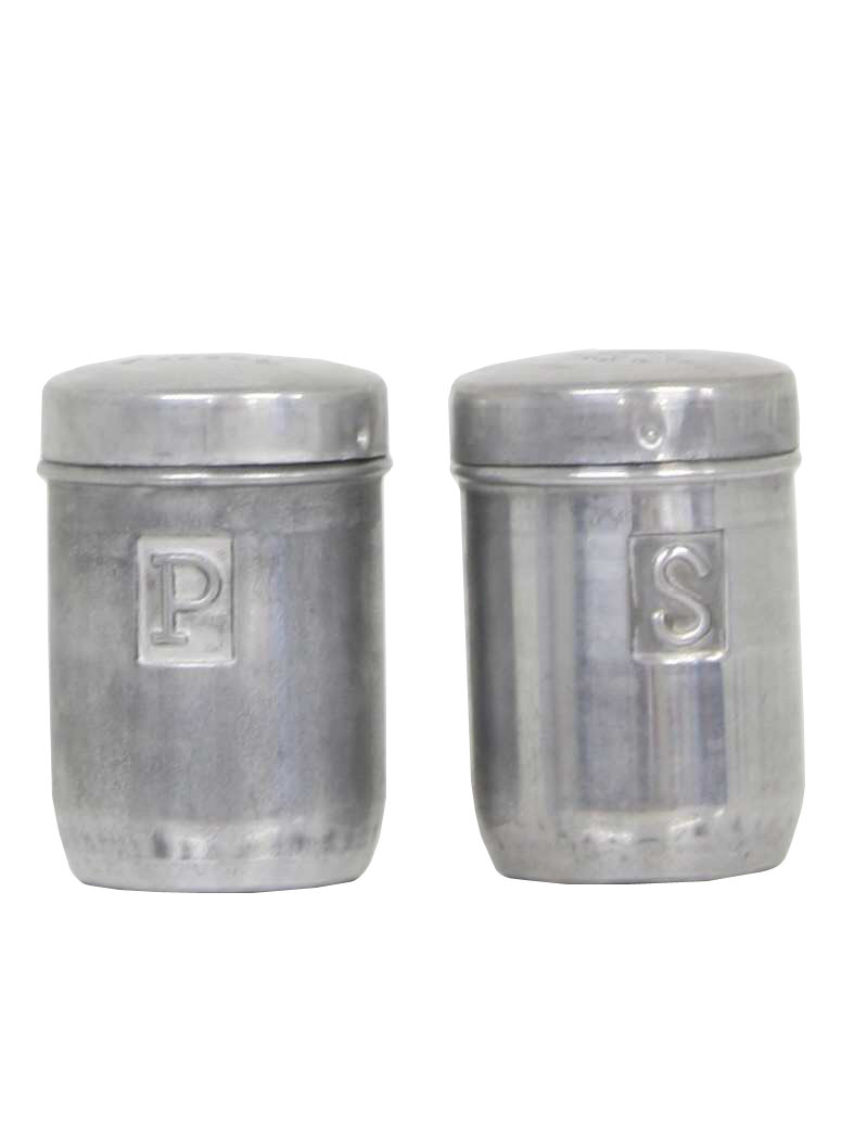 50s -Missing Mark- Set of aluminum salt and pepper shakers with raised S and P at centers and again and screw tops.