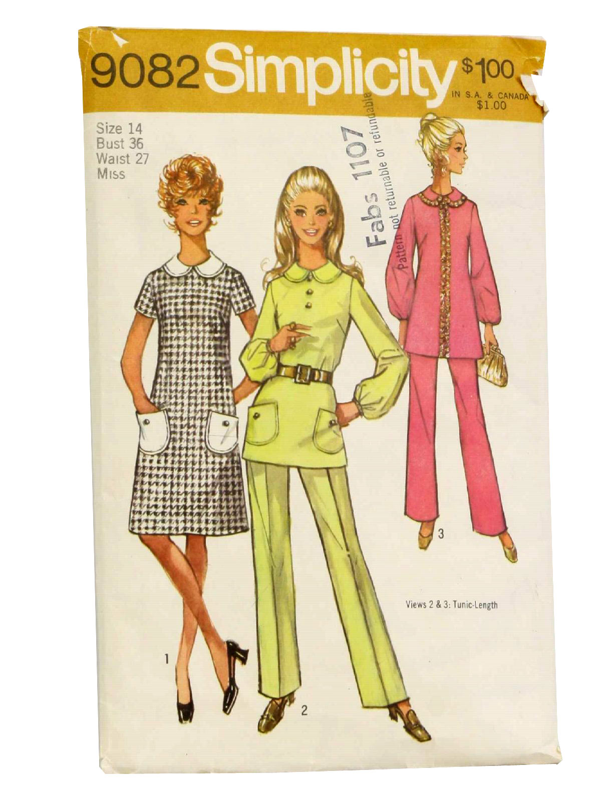 70s -Simplicity No. 9082- Womens mod style dress or tunic and pants with optional length sleeves and belt.
