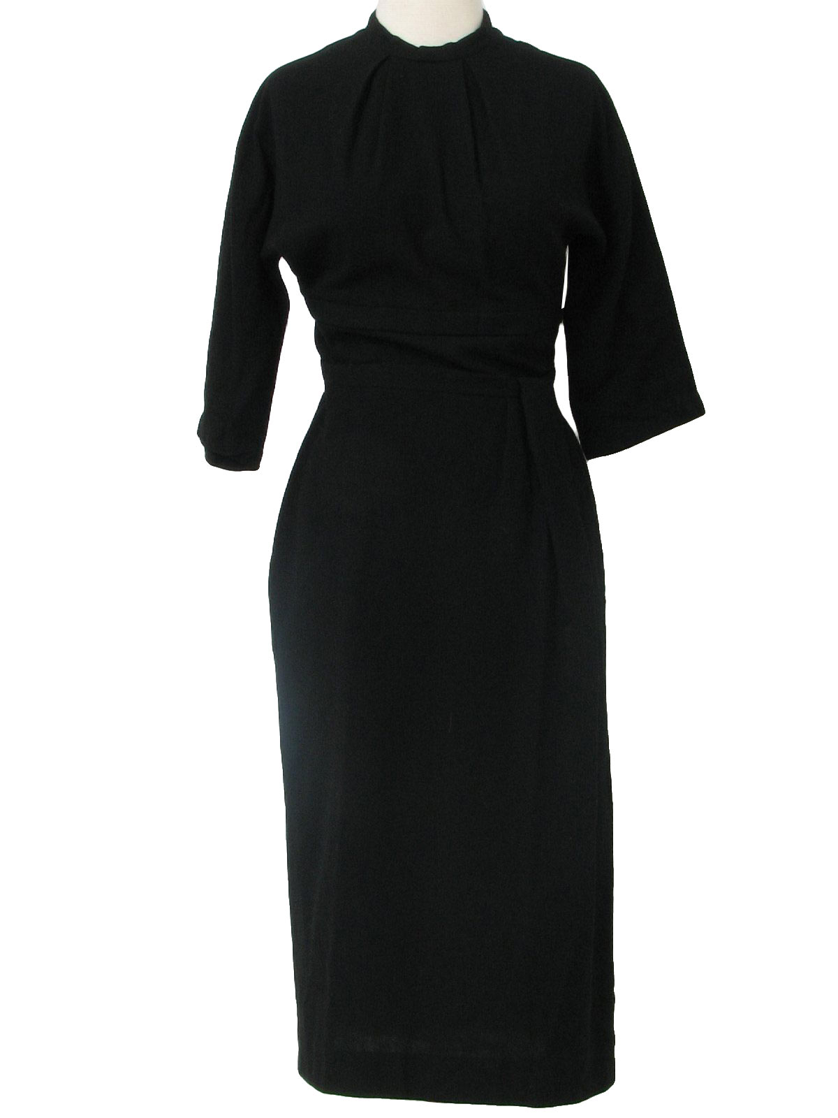 little black wool gabardine mid length wiggle cut semi-formal dress ...