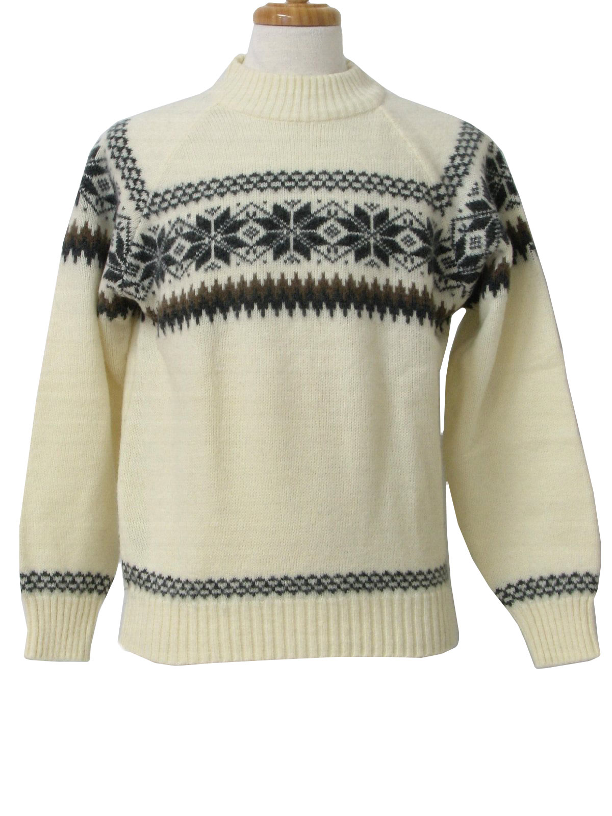 80s -McMullin- Mens off white, charcoal grey and light brown snowflake design acrylic wool blend longsleeve pullover sweater with stand up neckline.