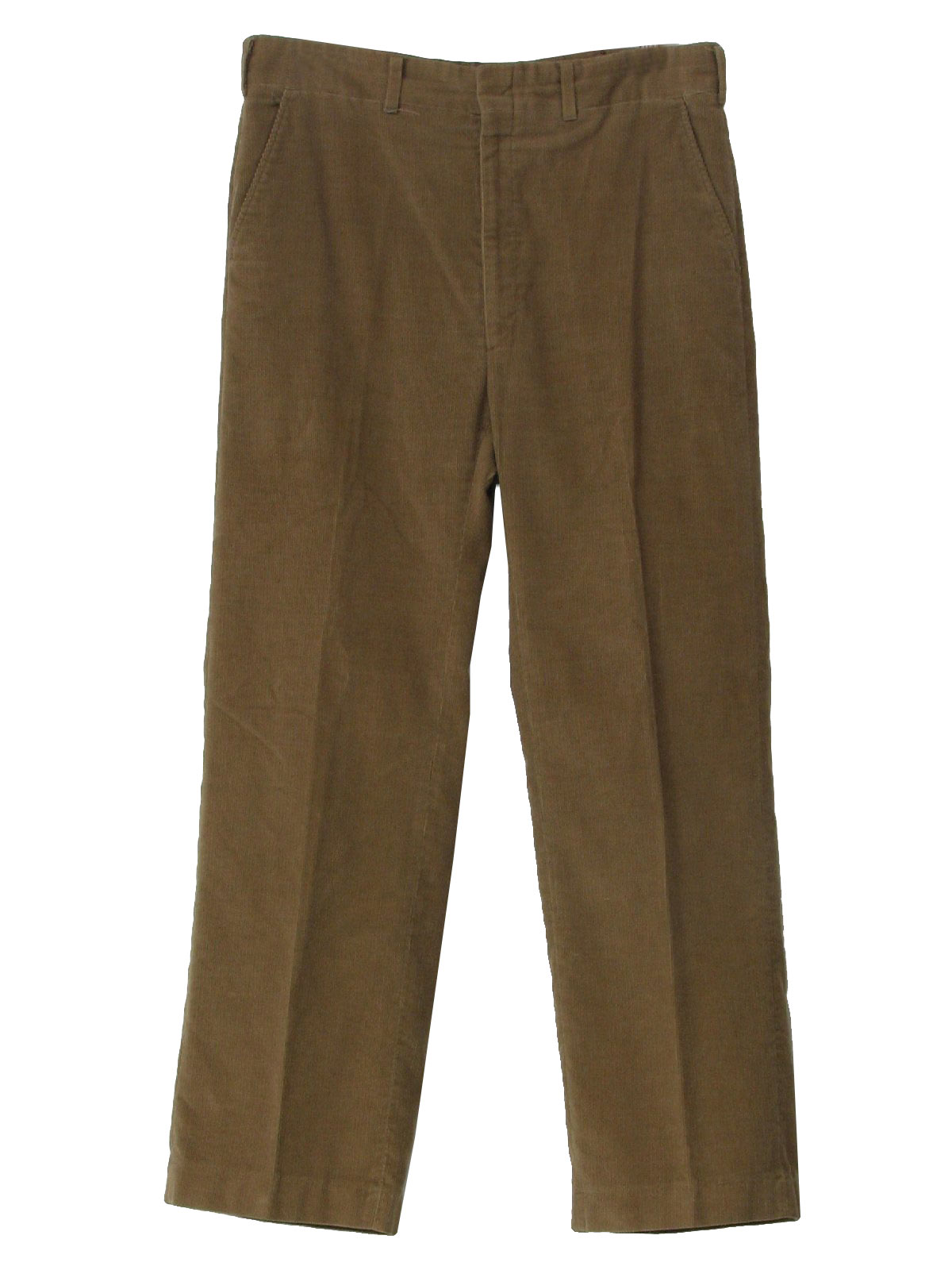 70s -Haggar- Mens tan cotton pin wale corduroy flared pants with plain front, flared legs, plain hems, and inset front and back pockets