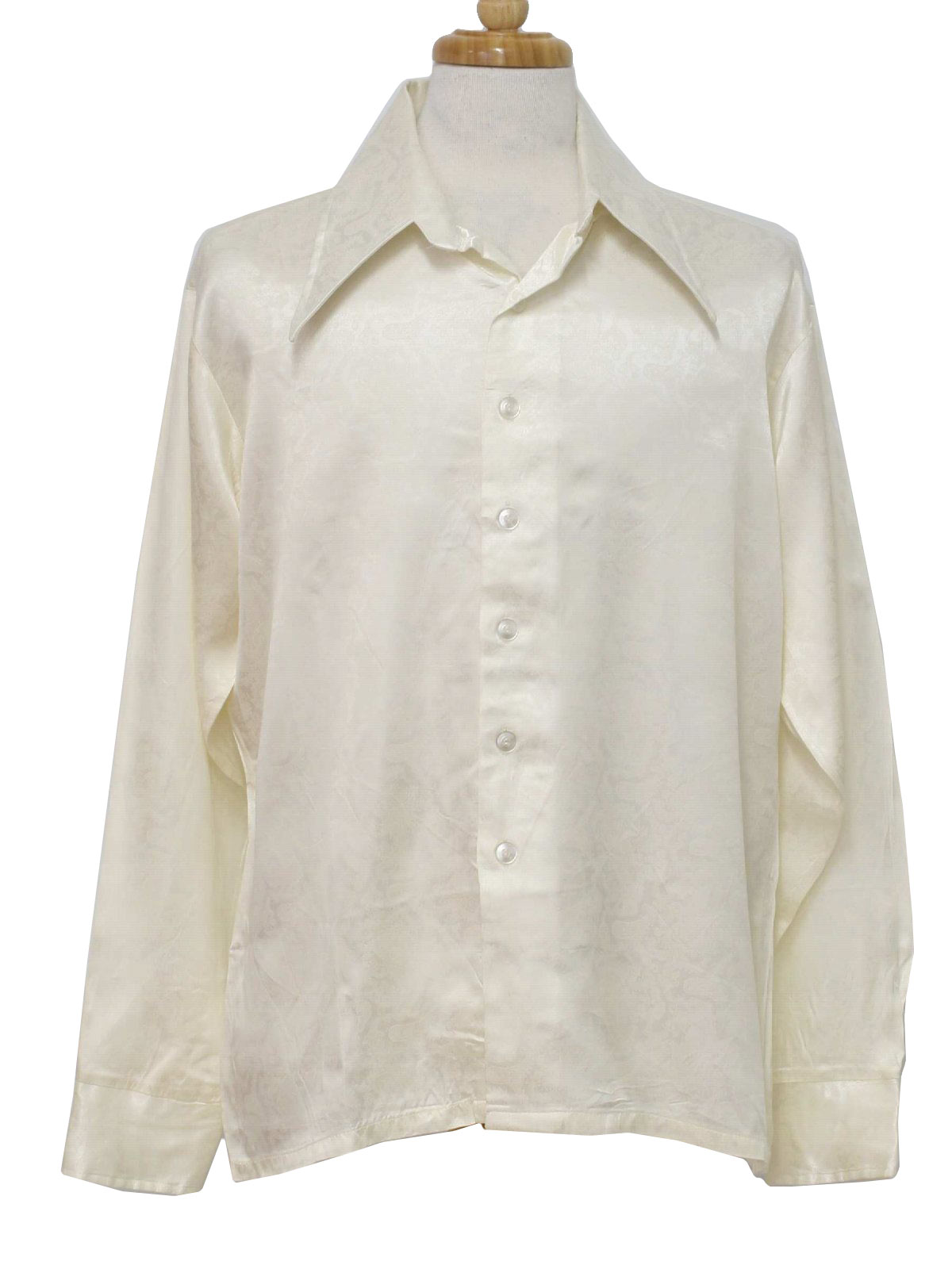 90s -Campus- Mens off white shiny rayon blend paisley print longsleeve wicked 90s Club/Rave shirt with fold over collar, button front and square hem.