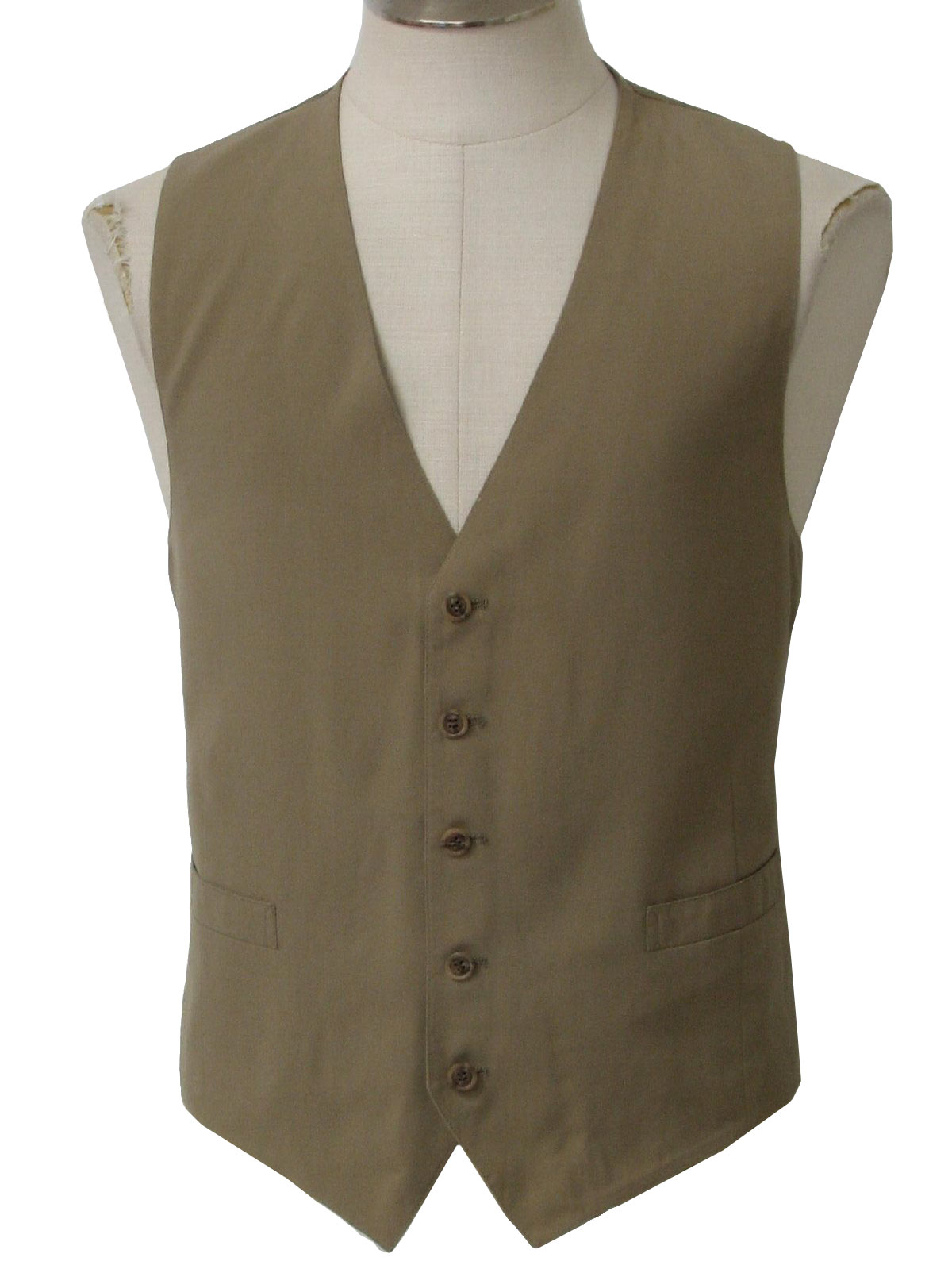 90s -No Label- Mens tan lightweight wool vest with five button front, pointed bottom, two inset pockets, and full satin back.