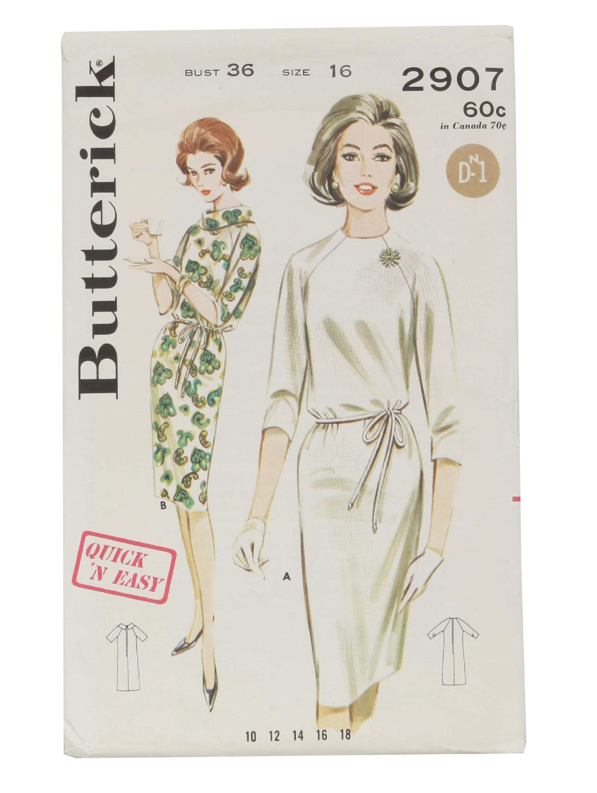60s- Butterick - 2907 Misses Quick and Easy Shift Dress in eight pieces: Raglan sleeved shift with self cord belt.