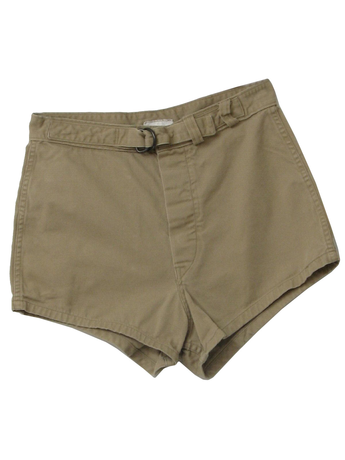 70s -Trunks Swimmers- Mens light khaki tan thick cotton utility shorts with button fly closure, banded belt front and back right patch pocket.