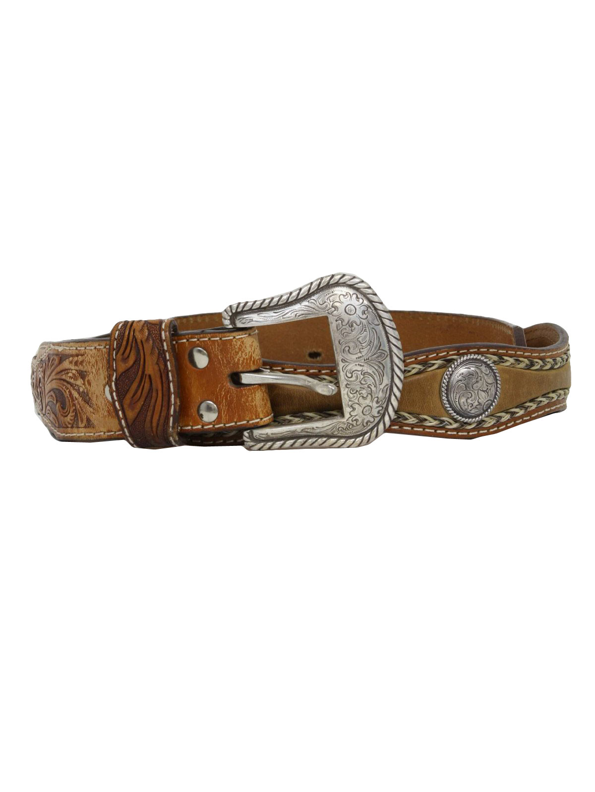 80s -Nacona- Mens shaded tan and brown scalloped leather western belt with horse hair trim and set silver tone circular concho design.