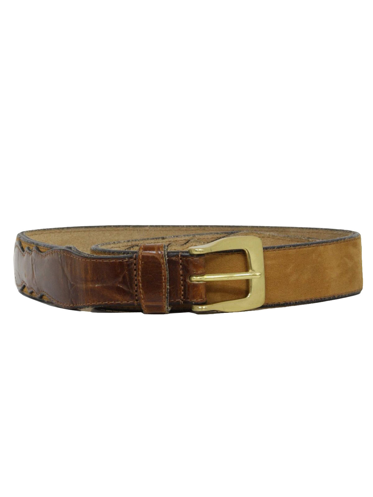 80s -nubuk- Mens tan and brown leather western belt with cut away suede back and gold tone d-ring buckle.