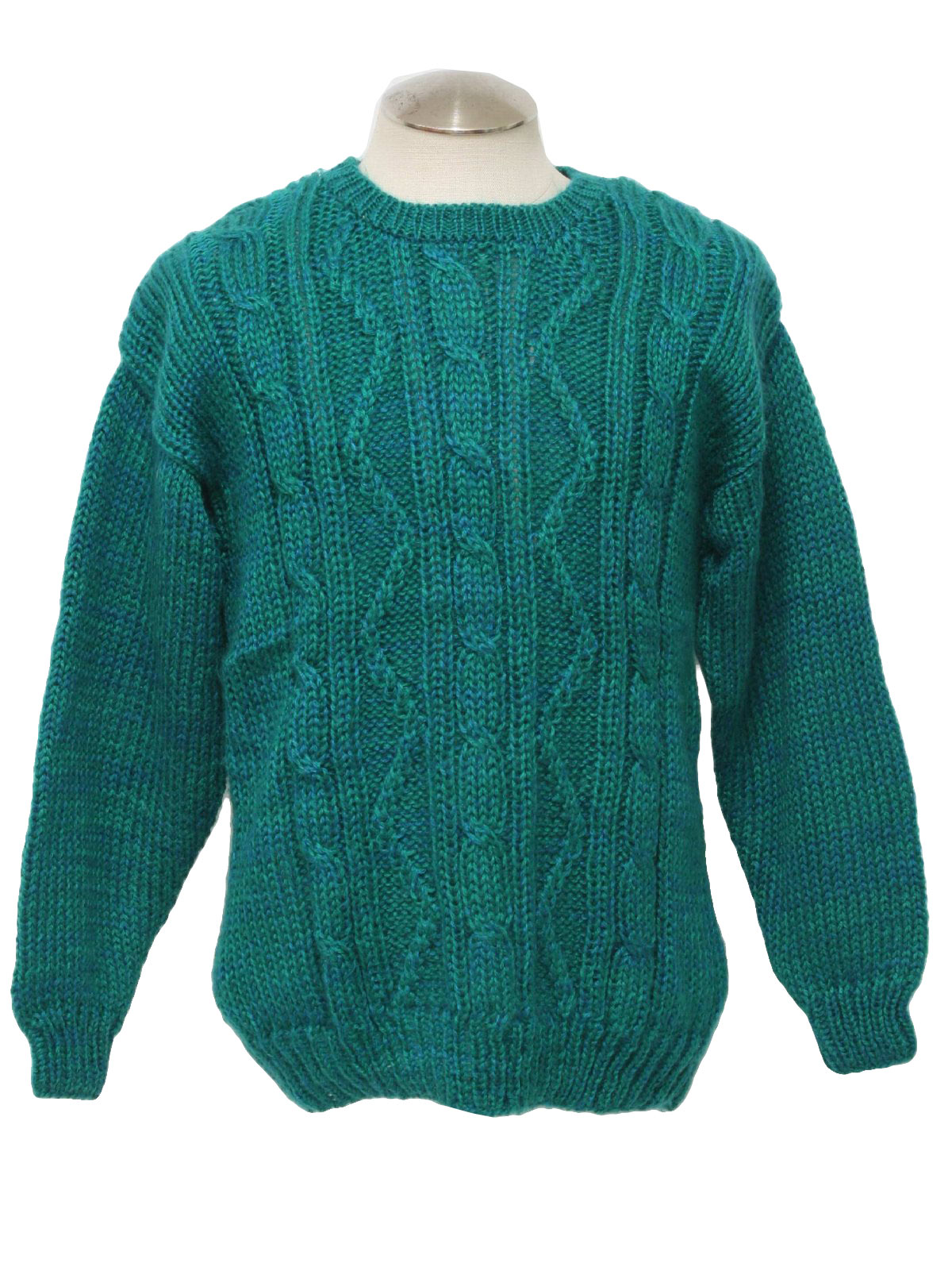 80s -SML Sport- Mens emerald green and teal heathered, long sleeve, pullover ramie cotton blend cable knit totally 80s sweater with round neckline.