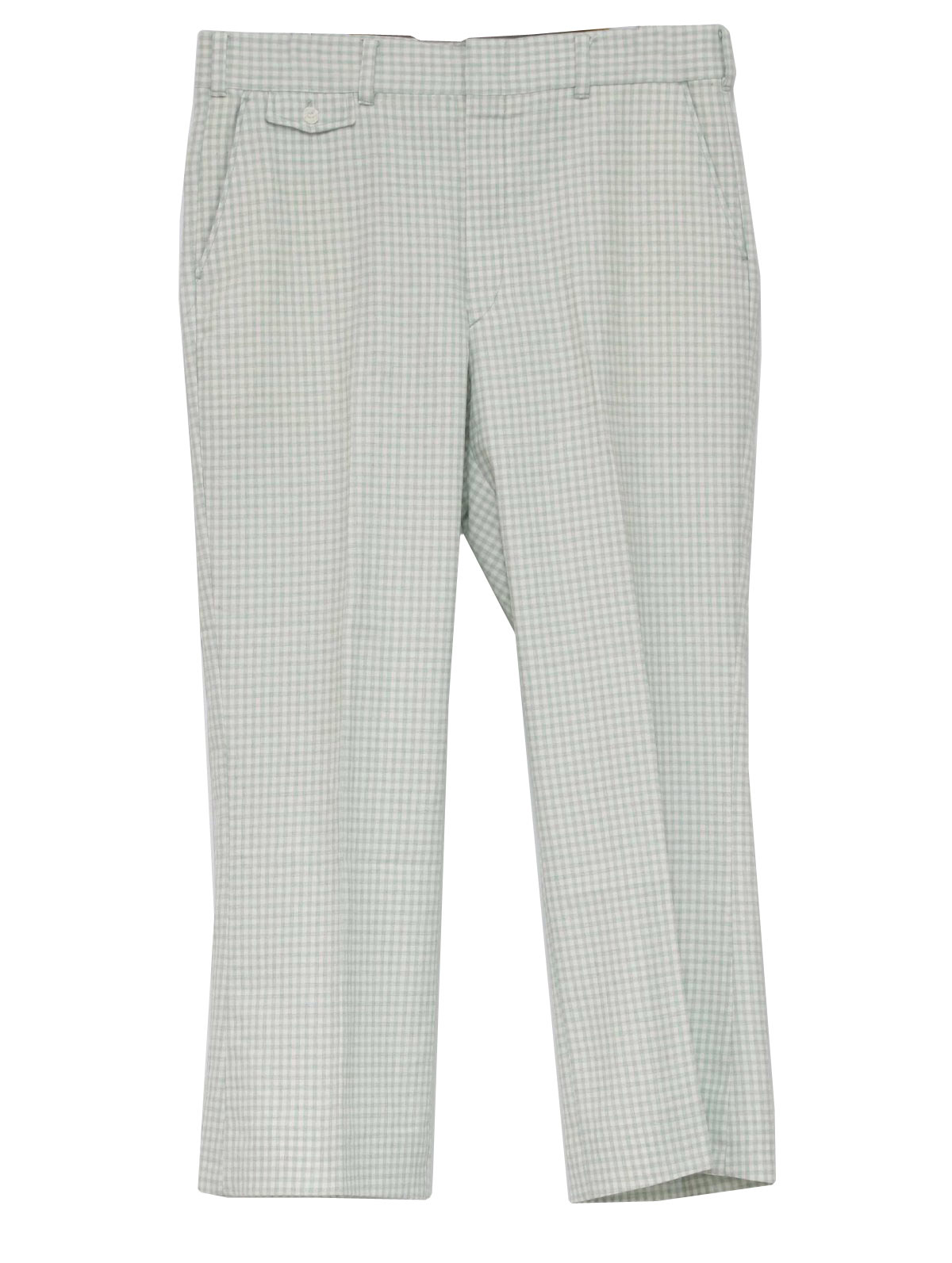 70s -Kings Road- Mens shaded light green polyester, flare leg disco pants with hook tab/zip closure, five pockets and high waist styling.