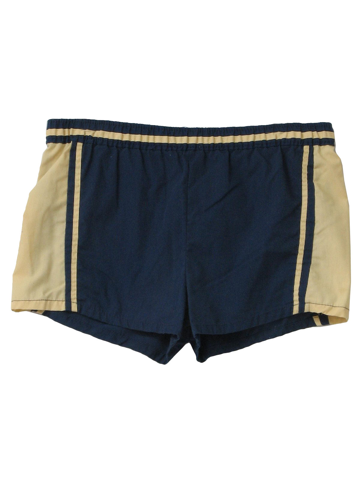 80s -Kings Road- Mens blue and tan polyester and cotton, nylon brief lined totally 80s swim trunks with tie off waistline and flat hems.