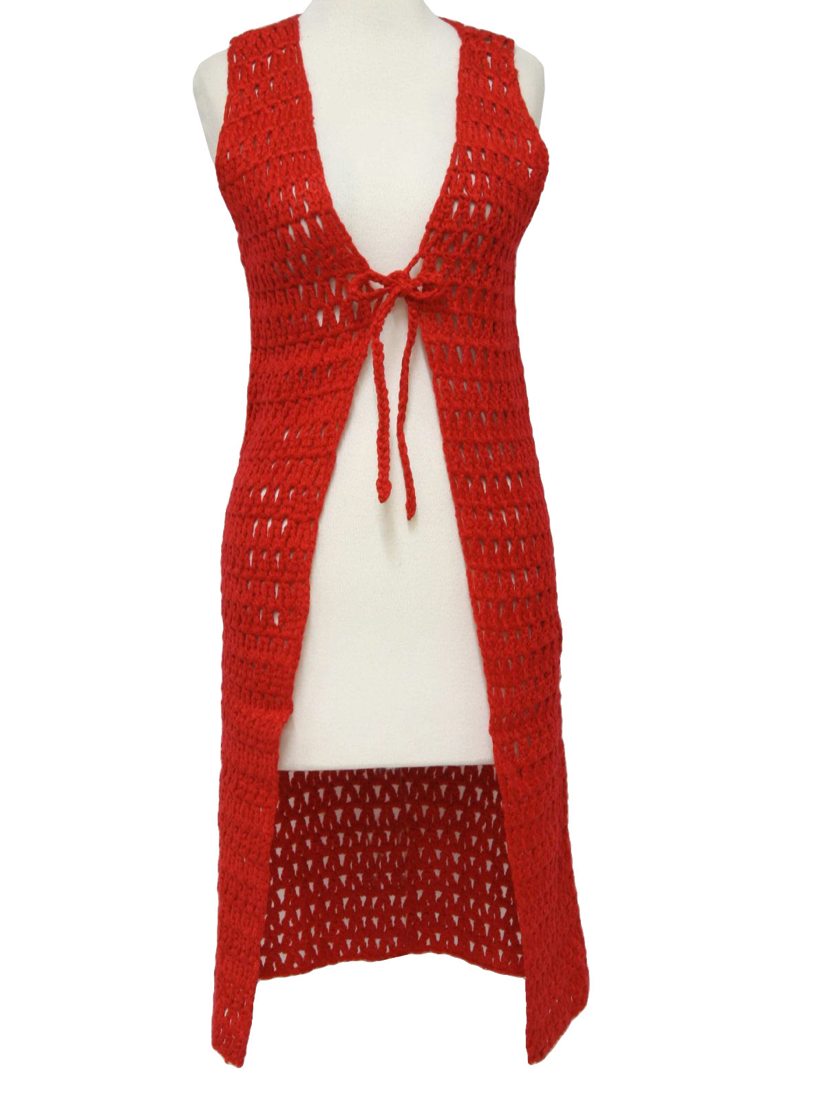 70s -Home Sewn- Womens red, hand knit acrylic hippie style knee length sweater vest with tie at the middle chest.