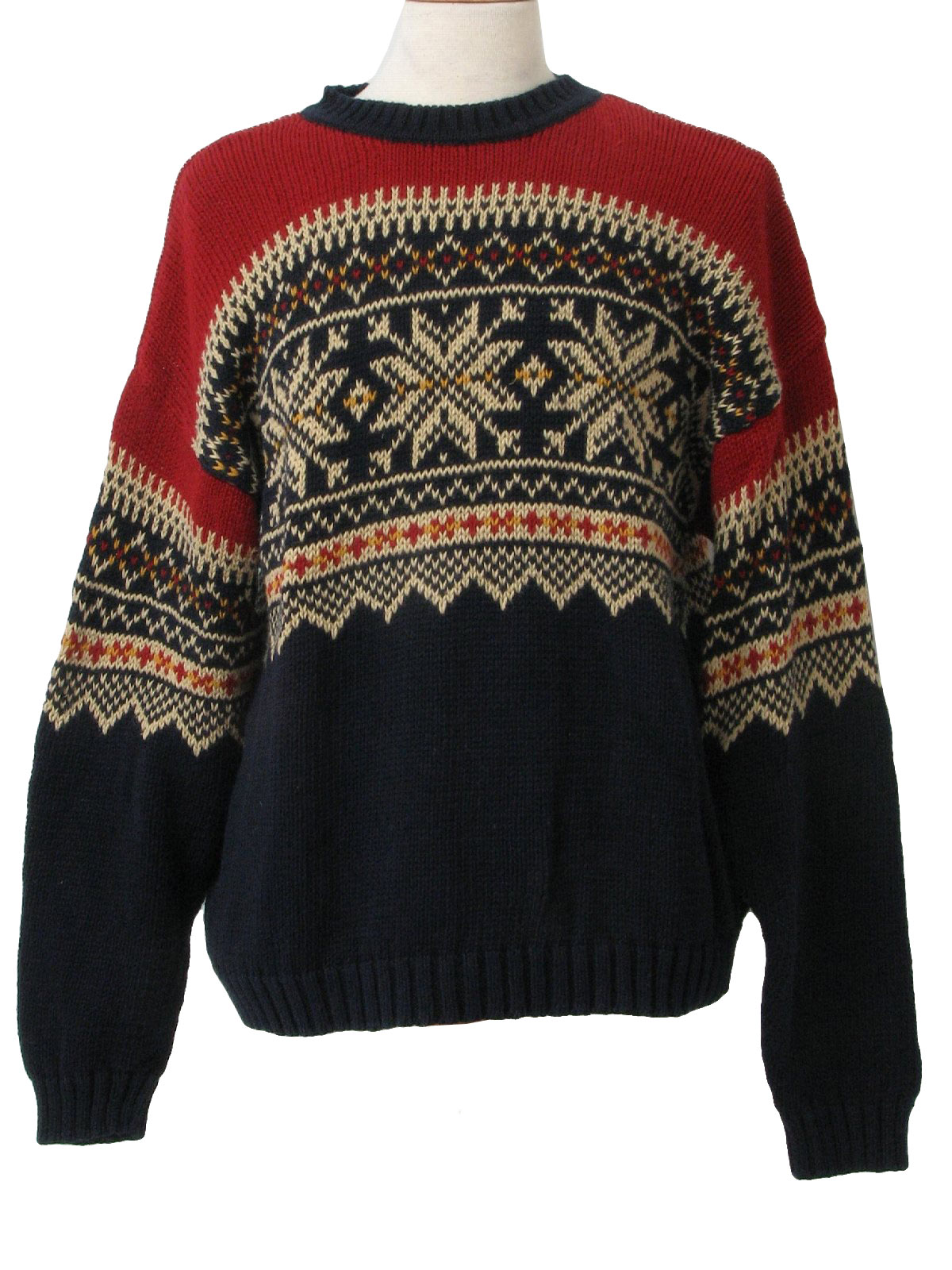 90s -Abercrombie- Mens navy blue, brick red, tan and yellow snowflake print, longsleeve, pullover cotton ramie blend ski sweater with round neckline.