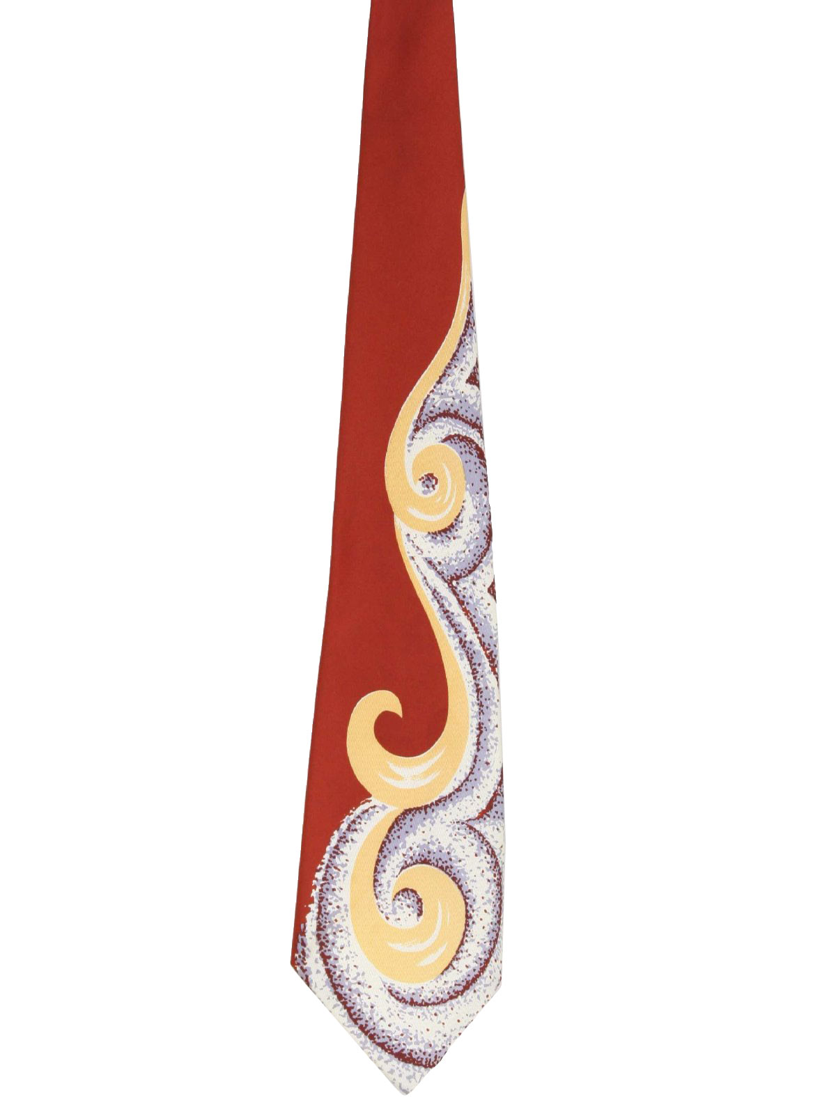 Late 40s -Wembley- Mens russet and maroon reds, ivory, buff, lavender, scrolling swirls print with dots, rayon twill, wide swing neck tie