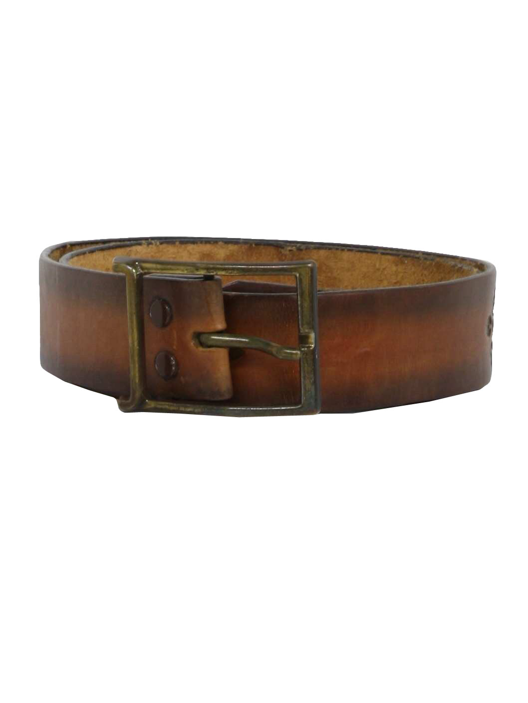 70s -Made in USA- Mens shaded rust to tan dye faded leather belt with stamped crest design and open style square brass buckle.