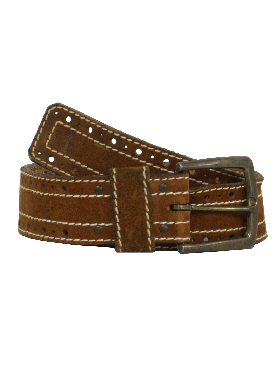 70s -Seeded Split Cowhide- Mens tan leather open grommet punched trim belt with cream top stitching and oversized d-ring buckle.
