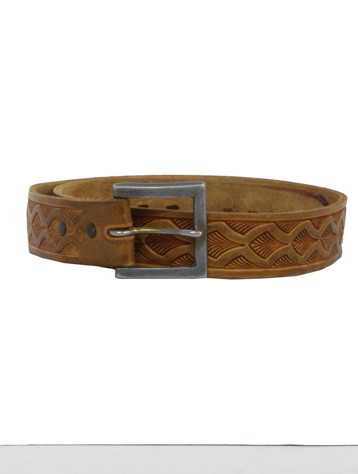 70s -FW Woolworth- Mens tan leather intricate fan stamped and hand tooled belt with silver tone snap off d-ring buckle.