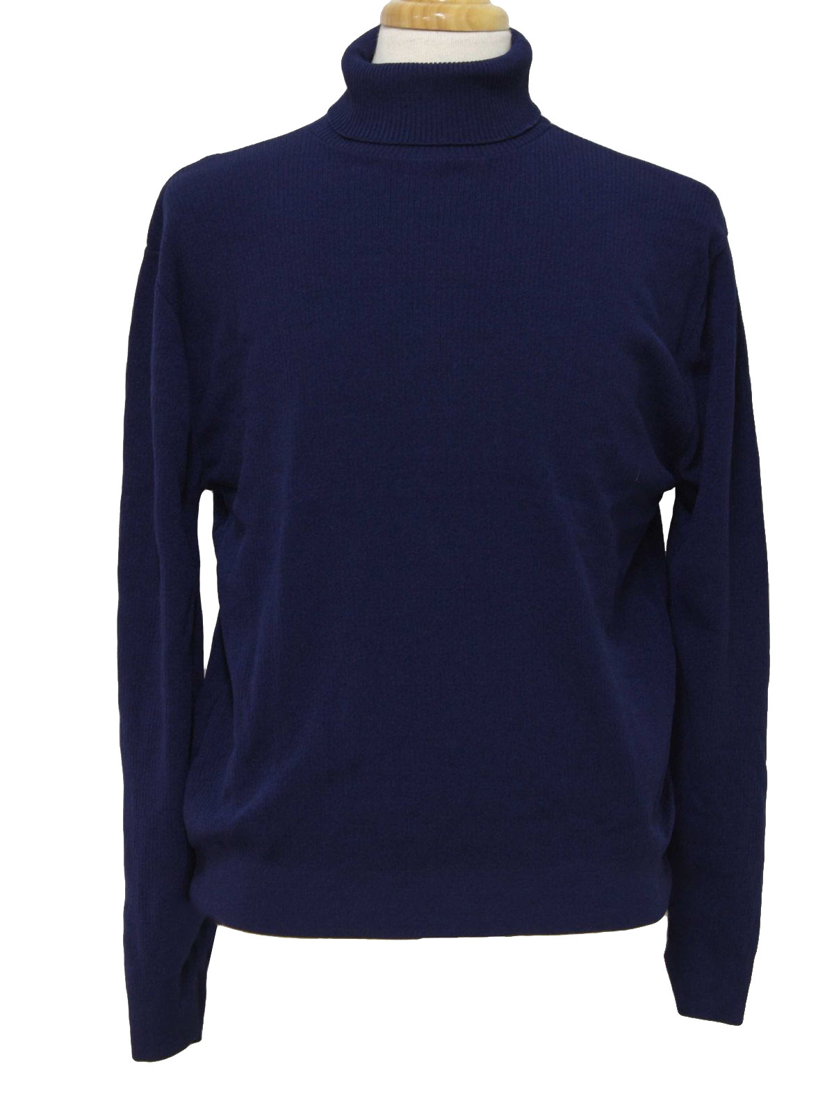 70s -Puritan- Mens navy blue polyester long sleeve pullover mod knit shirt. Subtle ribbed texture, a banded hem and cuffs and turtleneck collar.