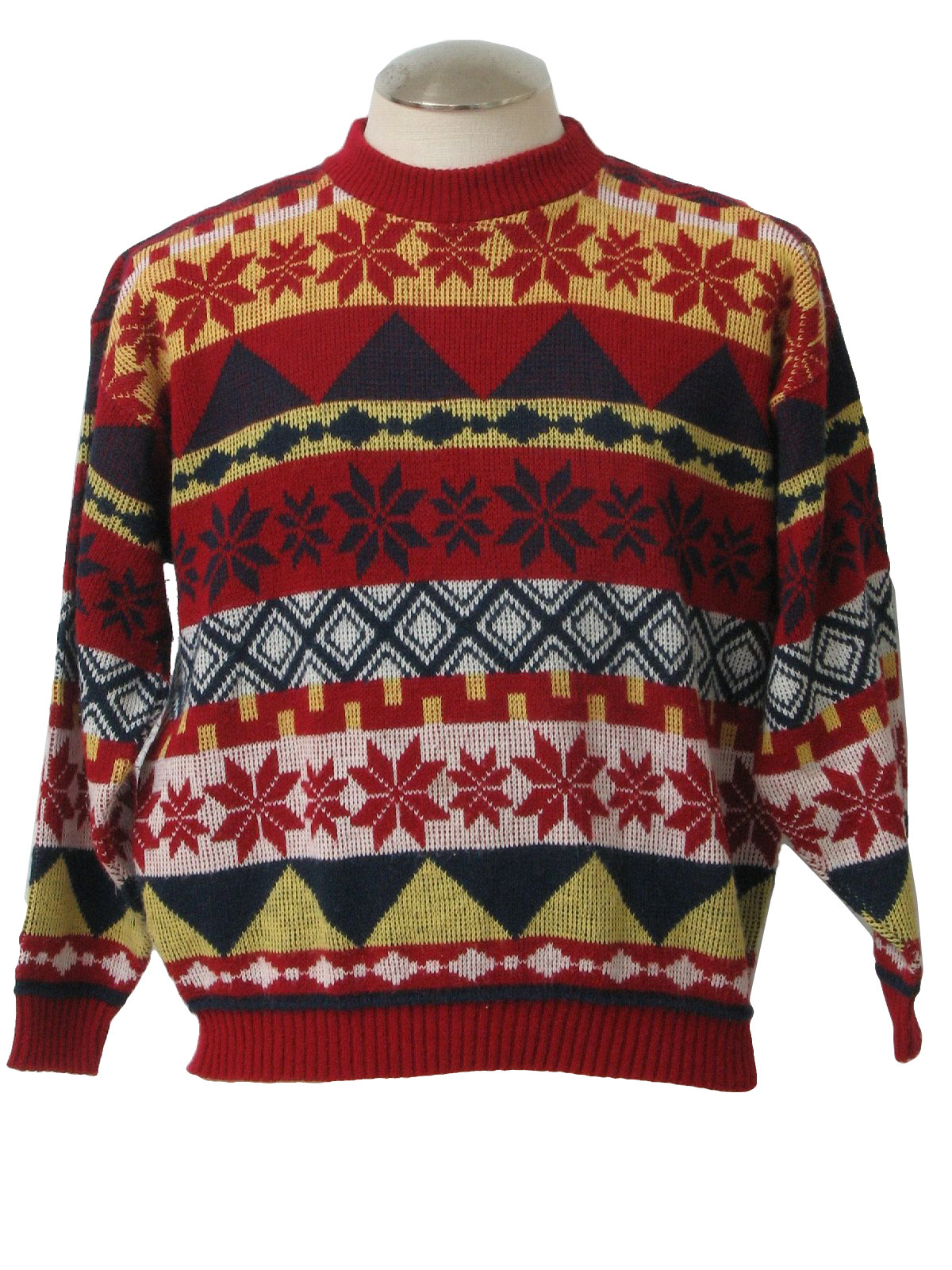 80s Style authentic vintage -Cabin Creek- Mens red, yellow white and navy blue, snowflake and geometric print, longsleeve, pullover acrylic Cosby Style Totally 80s Style ugly ski sweater with round neckline.