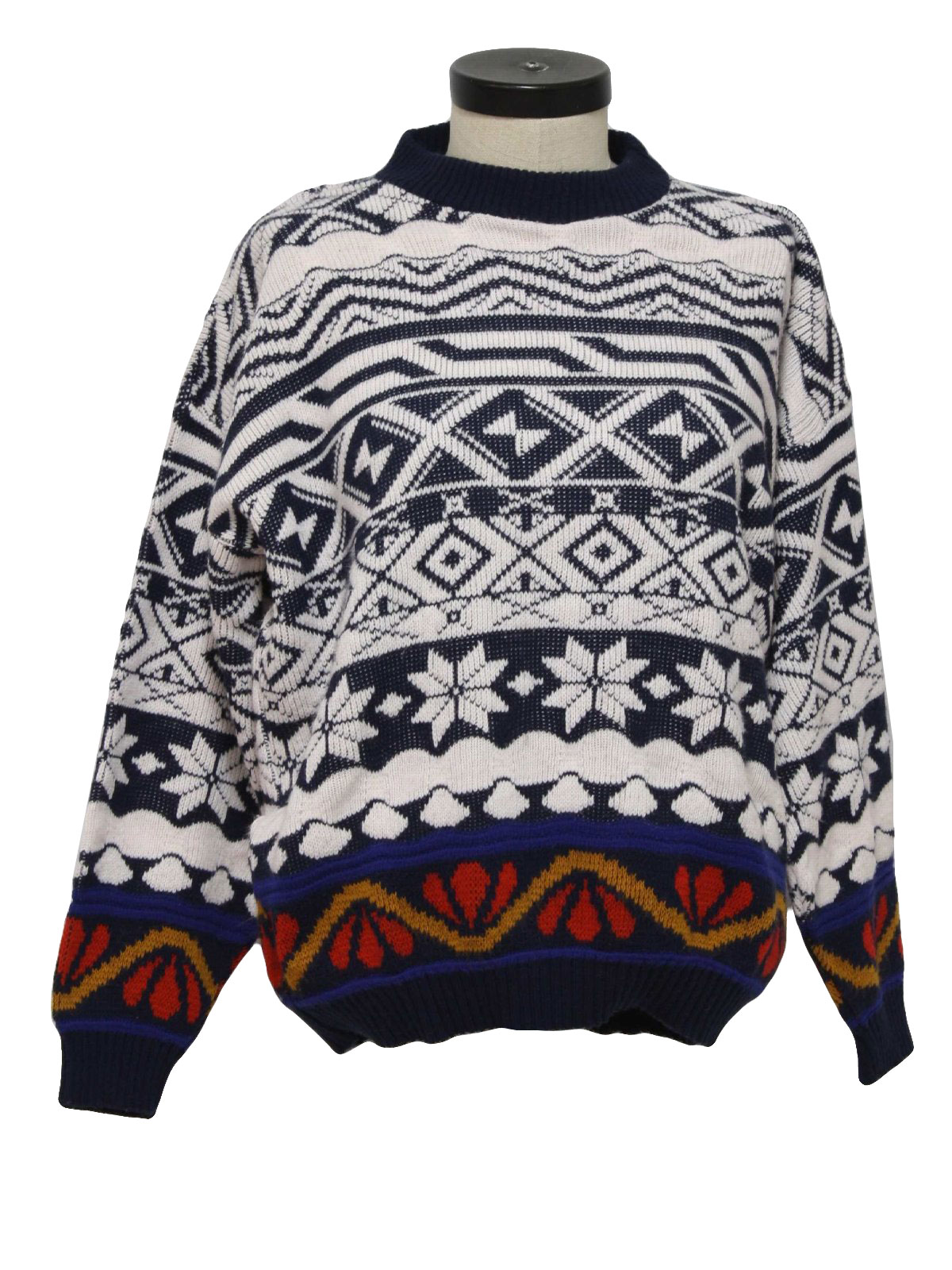 80s authentic vintage -Cabin Creek- Womens navy blue, white, blue, red and burnt orange snowflake print, longsleeve, pullover acrylic totally 80s ski sweater with round neckline.