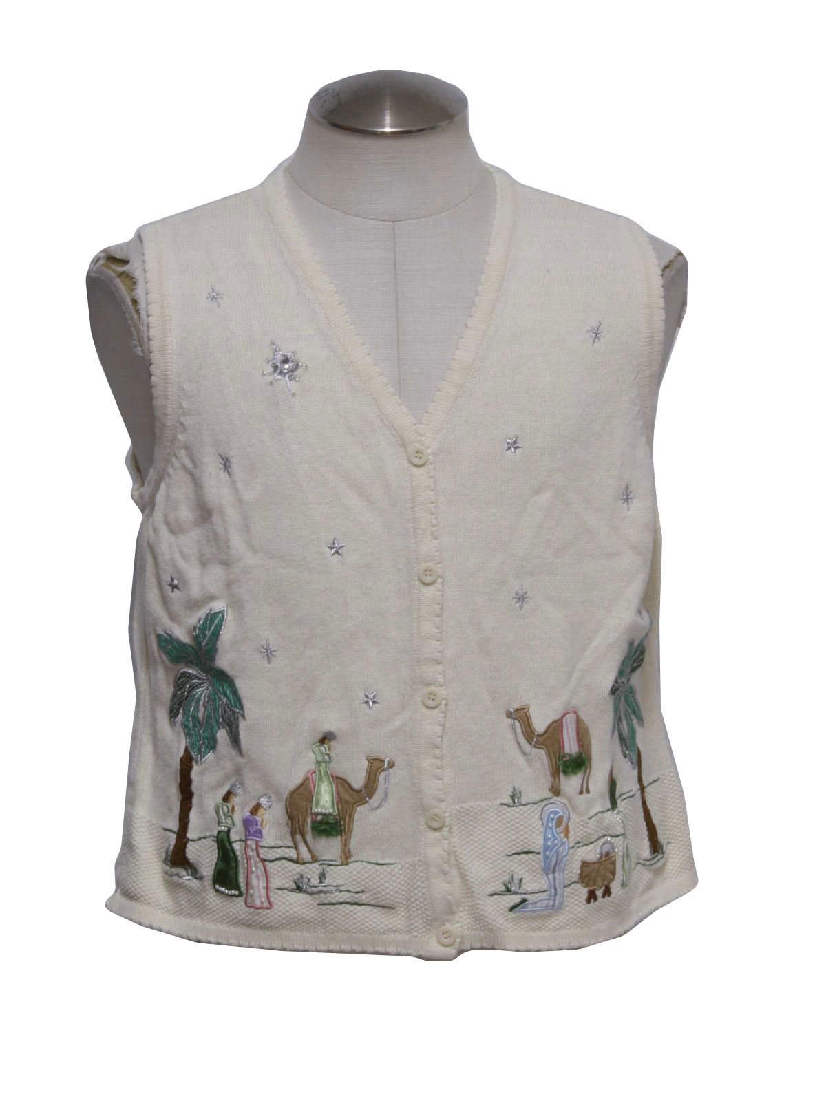 80s style -Merry & Bright- Womens White background cotton ramie blend button front ugly Christmas Sweater vest, veed neckline with Embroidered stars, palm trees, and nativity with detailed beading. Additional detail.