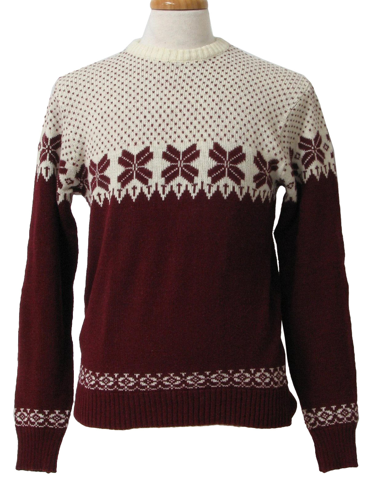 80s -Sigallo- Mens maroon and off white snowflake print, longsleeve, pullover, acrylic totally 80s ski sweater with round neckline.