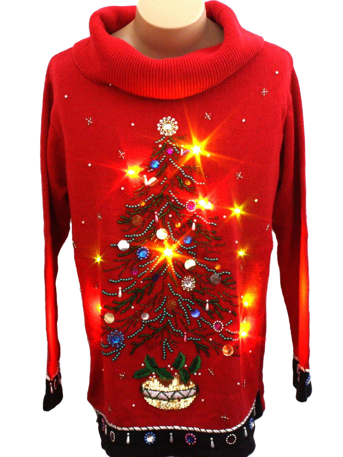 Cheap light up christmas sweater Womens Multicolor Lightup Ugly Christmas Sweater Vest-Designer Originals Studio- Womens black background cotton ramie blend button front Ugly Christmas Multicolor Flashing Lightup (10 super bright removeable MULTICOLOR Flashing or Solid lit dual mode LED lights powered by included L4 watch Batteries) Sweater Vest with veed neckline.