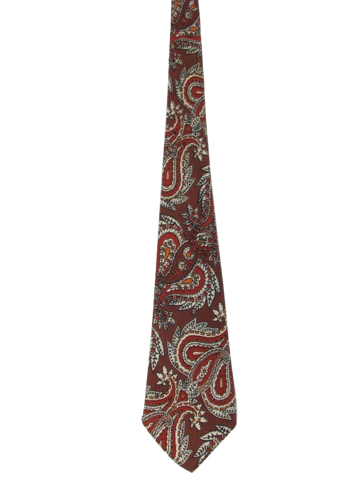 30s -Roy Gammill Santa Barbara- Mens brown background, black, rust, white, ochre paisley print rayon twill wide swing necktie, unlined