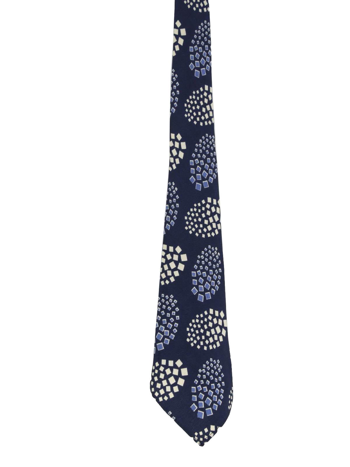 30s -Murrytown- Mens navy blue background, white, sky blue fractured oval print rayon twill wide swing necktie, unlined