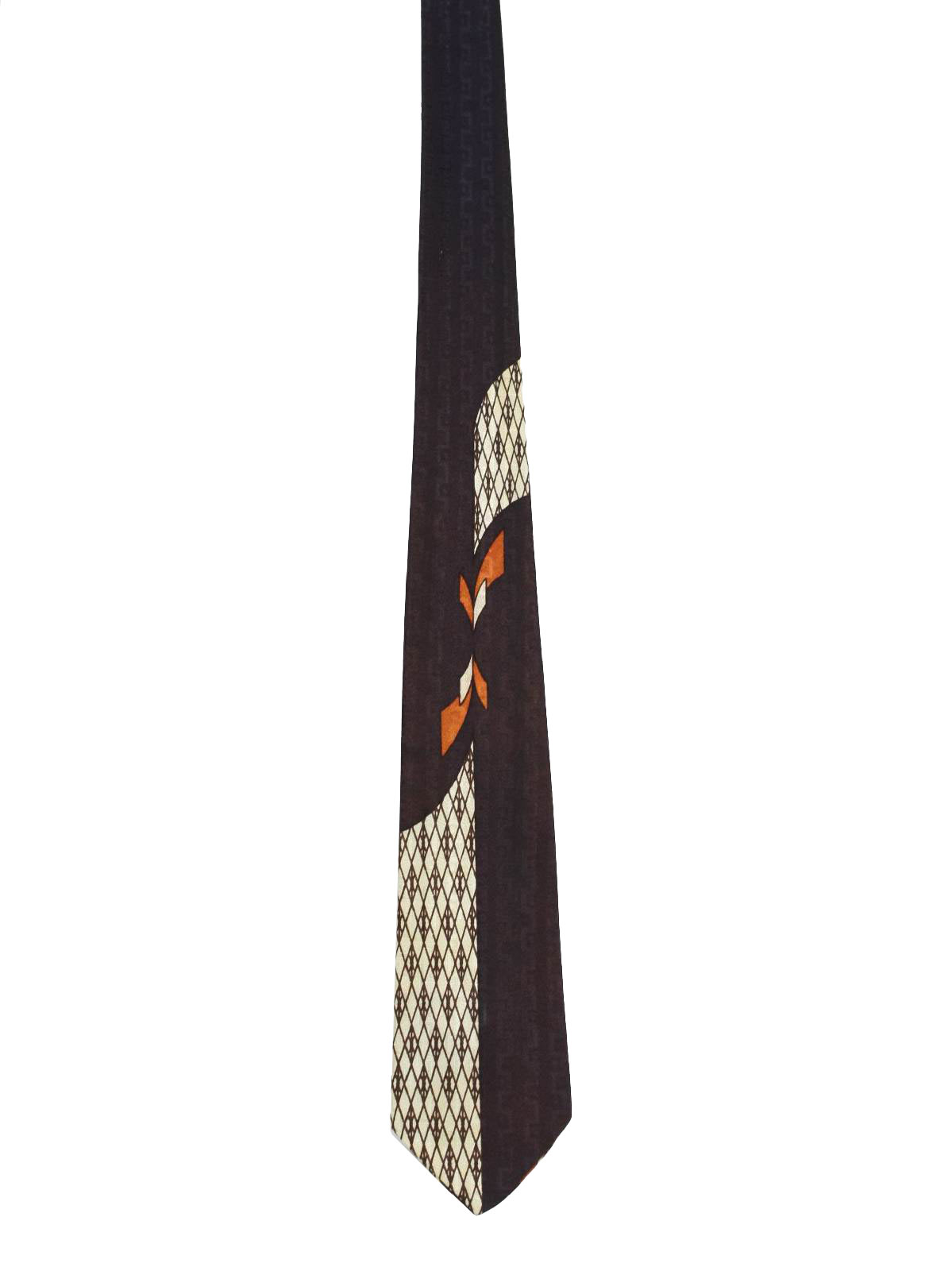 50s -No Label- Mens black background, white, red central net and arrowhead print rayon brocade 50s necktie, unlined