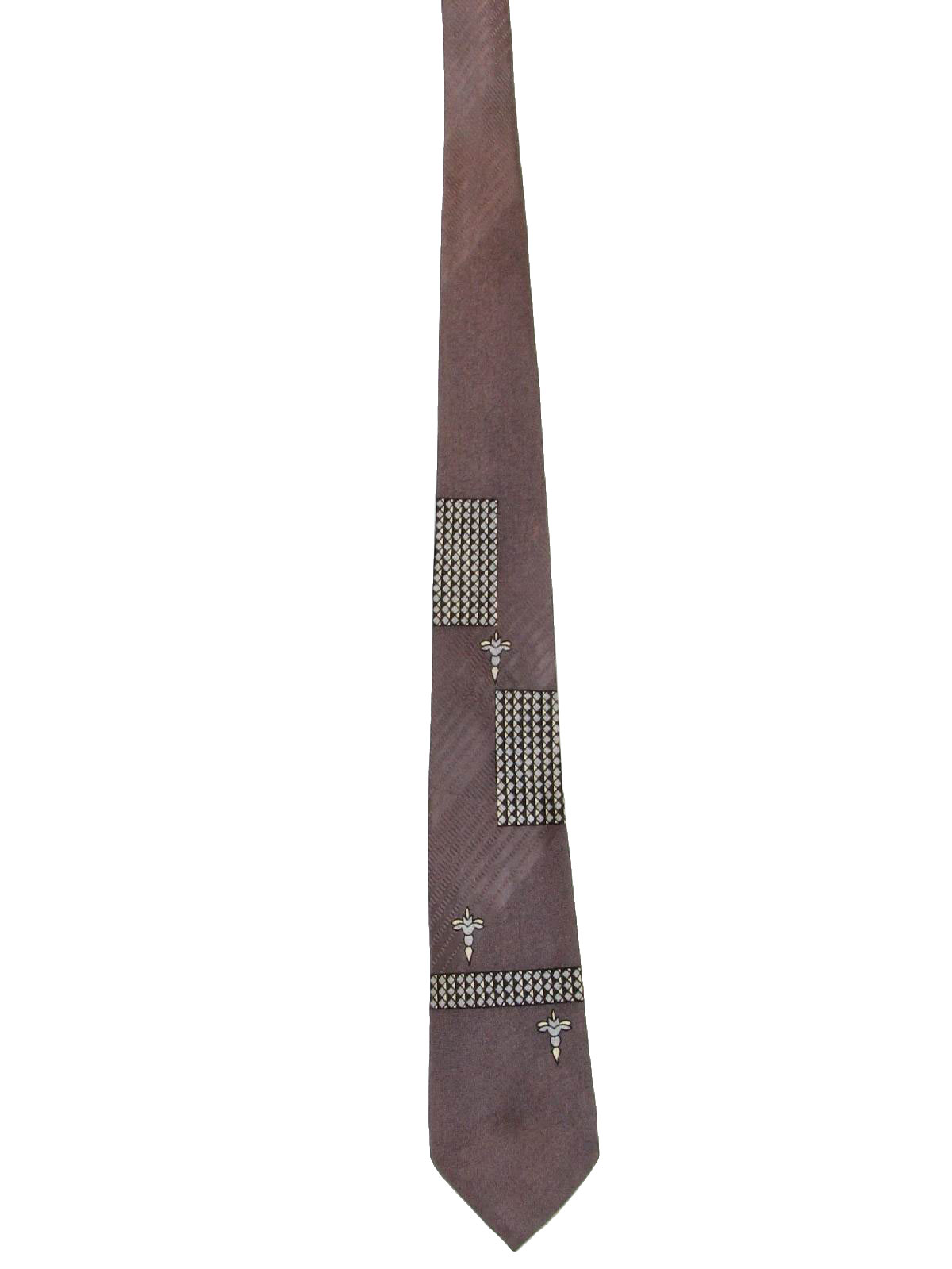 50s -Goldencraft Cravat- Mens gray background, black, white, pale blue central grid and ornament print rayon brocade 50s necktie, lined