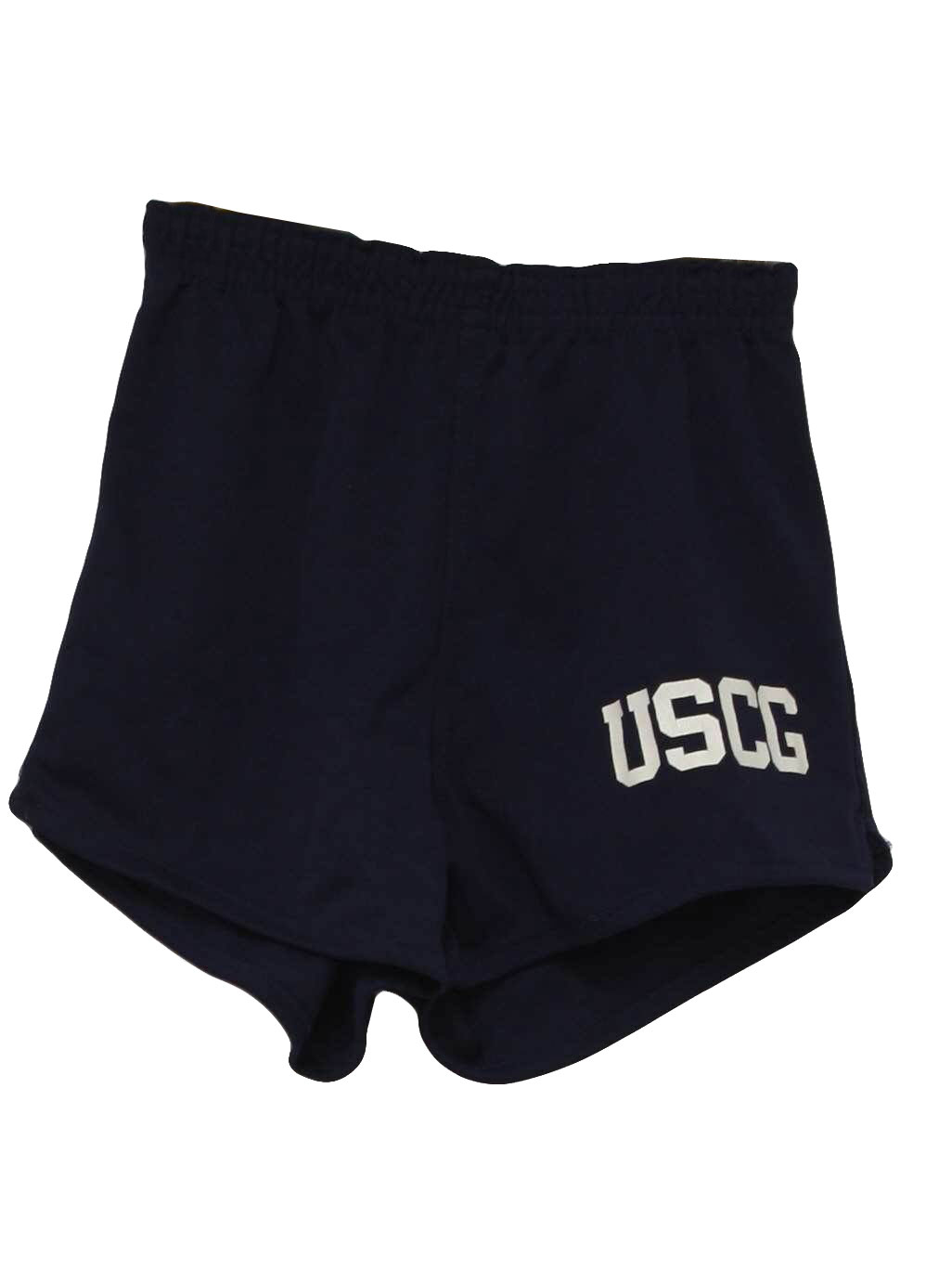 80s -Velour Sheen- Mens midnight blue background polyester, elastic waistline totally 80s sport shorts with white -USCG- print at lower left hem.