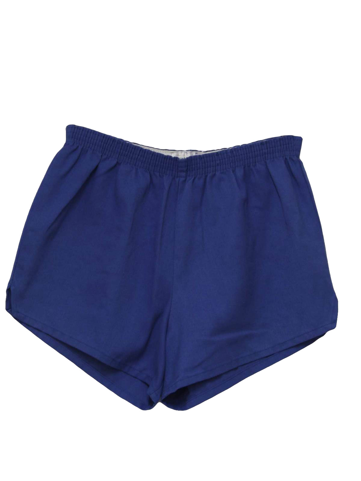 80s -Augusta- Mens blue background polyester and cotton totally 80s gym shorts with elastic waistline and notched side vent hems.