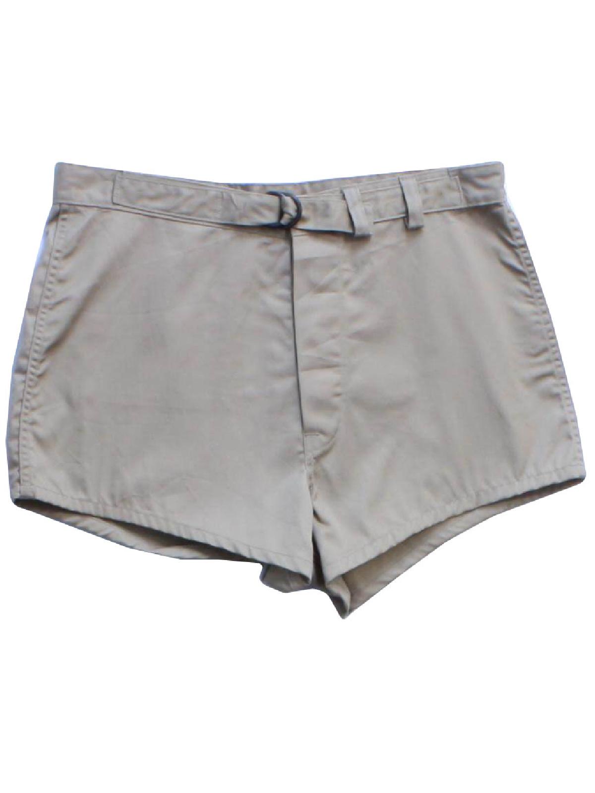 70s -Trunks Swimmers- Mens light khaki tan thick cotton utility shorts with button fly closure, banded belt front and back right patch pocket.