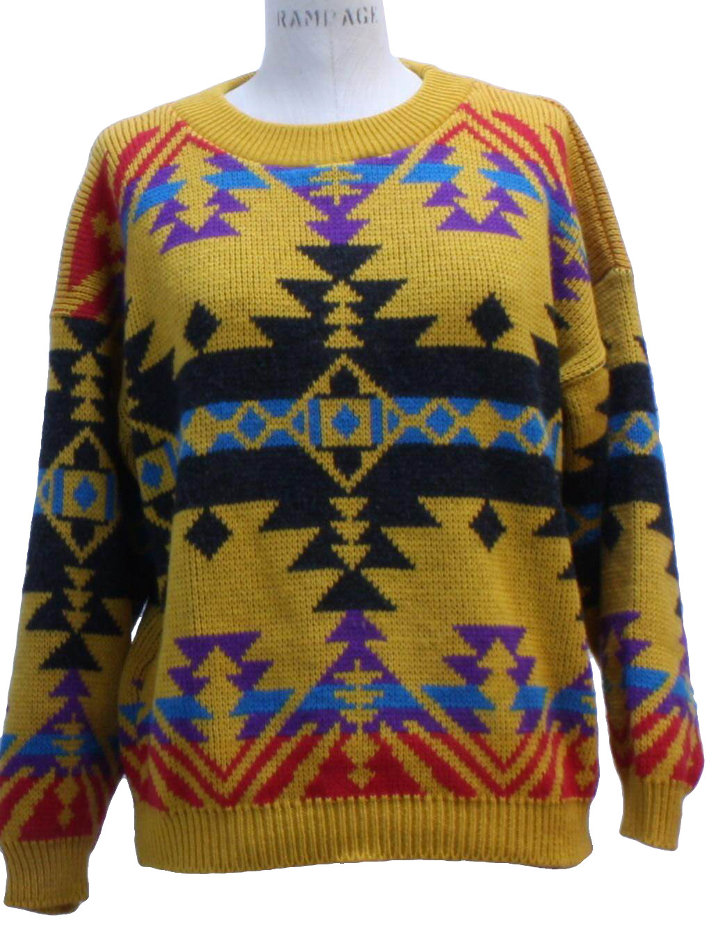 80s -Rose- Womens gold background with charcoal, red, purple, blue, knitted in Native American geometric pattern, acrylic intarsia knit, totally 80s longsleeve pullover sweater with round neck and dropped shoulders