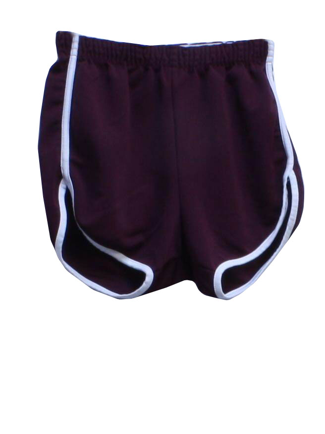 80s -Soffe- Mens wine background polyester totally 80s gym shorts with off white seam stripe, elastic waistline and notched side vents.