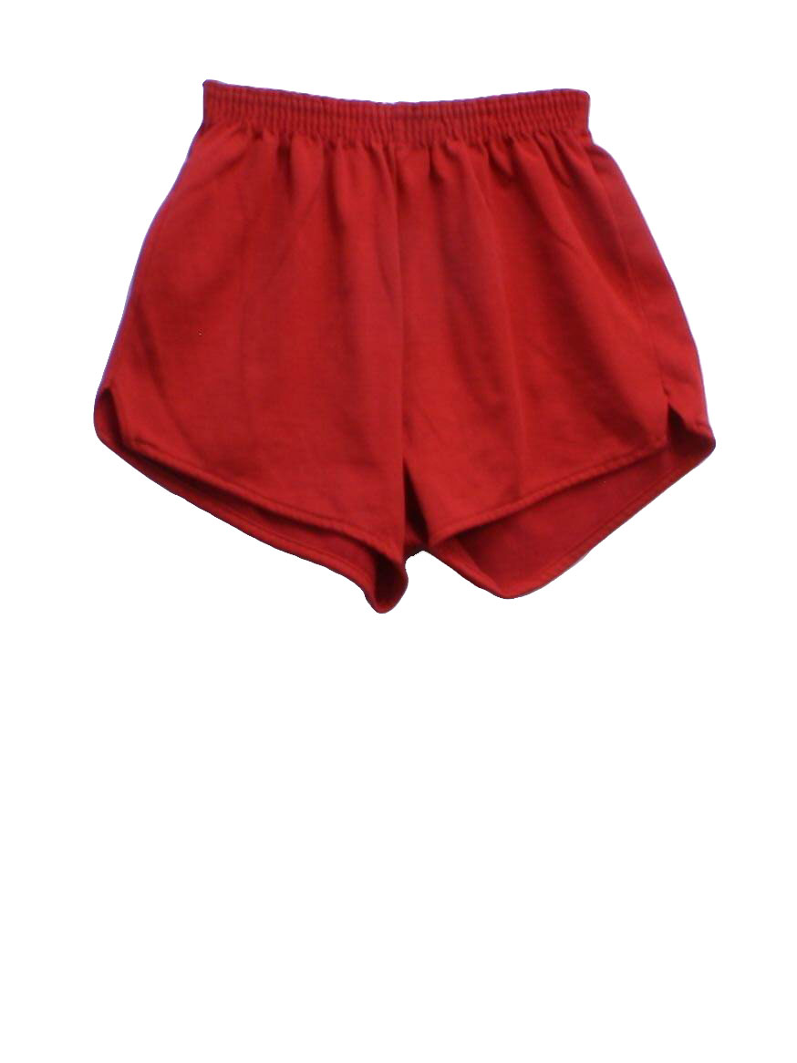 80s -Russell- Mens red background polyester and cotton totally 80s gym shorts with elastic waistline and notched side vent hems.