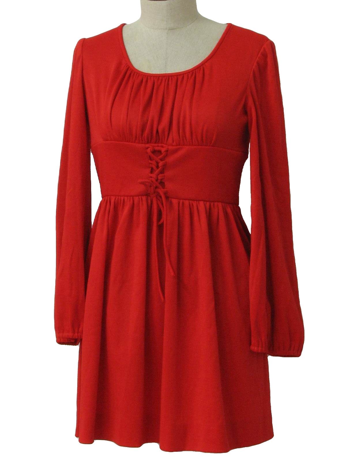 70s -Missing Label- Womens orange red, longsleeve, above the knee length polyester knit hippie dress with round neckline, cute lace up torso, back zippered closure, flared skirt and elastic cuffs.