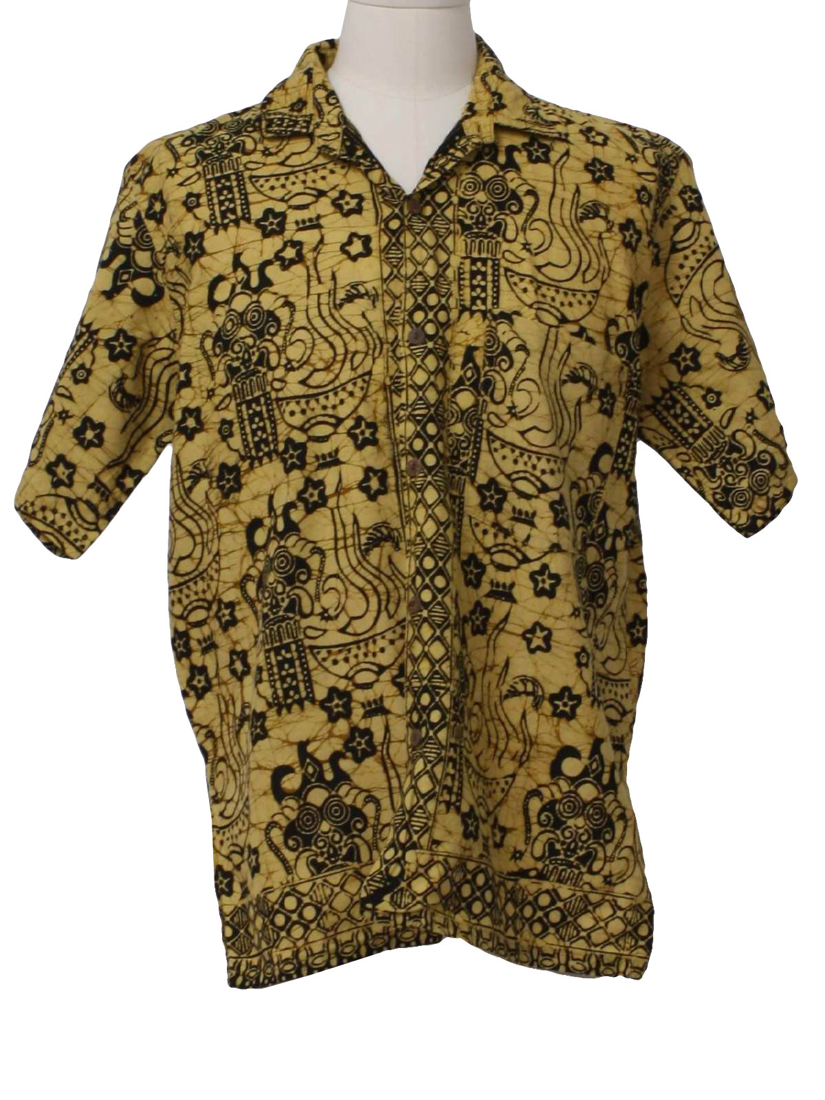 Vintage 1980s Hippie Shirt 80s Bali Bagus Batik Mens Soft Gold