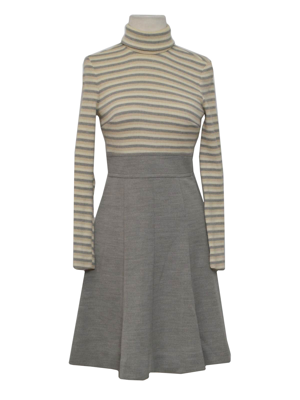 70s -Size Label- Womens natural white, tan and grey horizontal stripe print, vertical rib knit bodice, longsleeve polyester blend knit dress with turtle neckline, solid grey a-line skirt below mid waist seaming and flat hem.