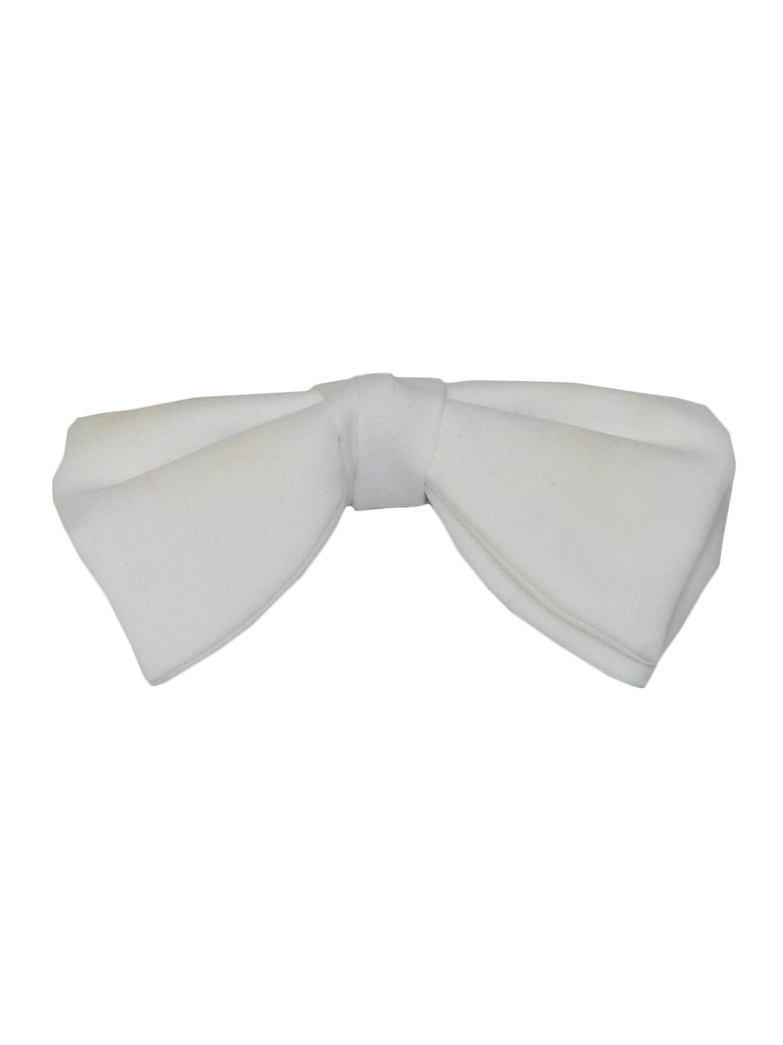 70s -no label- Mens white polyester bow tie with center band and metal clip on the back. There is some toning, perfect for costuming.