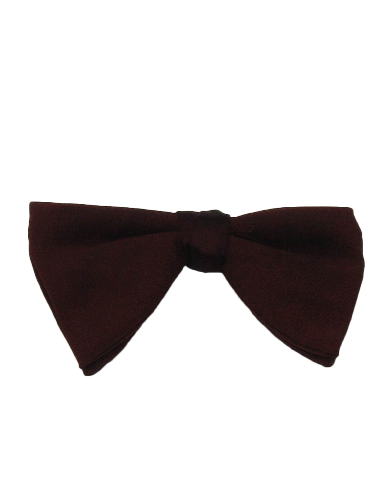 70s -no label- Mens burgundy polyester bow tie with center band and metal clip on the back. Some very minor toning, perfect for costuming.