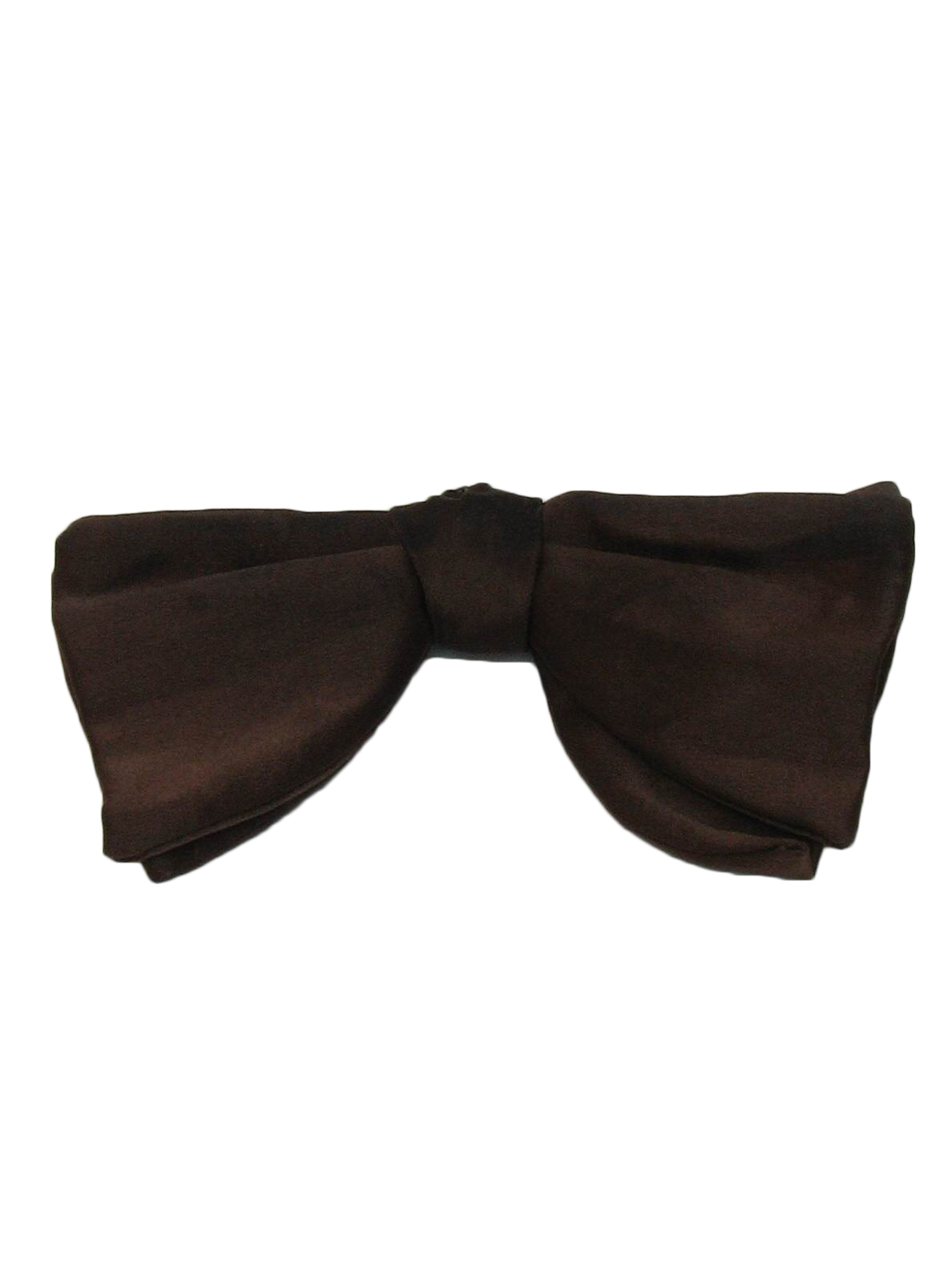 70s -no label- Mens dark brown satiny polyester bow tie with center band and metal clip on the back. Some toning, perfect for costuming.