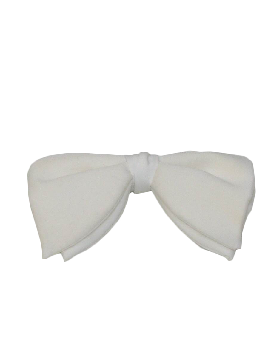 70s -no label- Mens white polyester bow tie with center band and metal clip on the back.