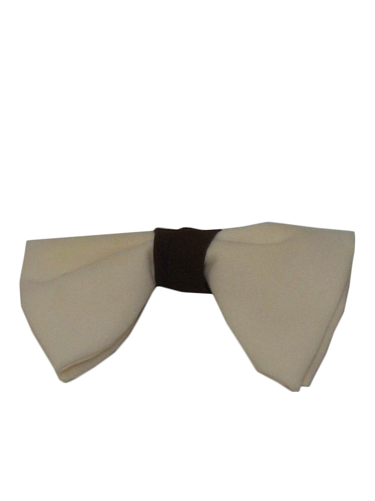 70s -no label- Mens or boys ivory polyester bow tie with contrasting center band and metal clip on the back.