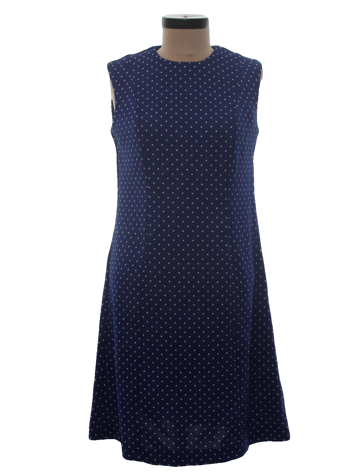 1970s vintage dress 70s home sewnl womens navy blue and white polyester sleeveless mid length 1970s vintage dress 70s home sewnl womens navy blue and white polyester sleeveless mid length