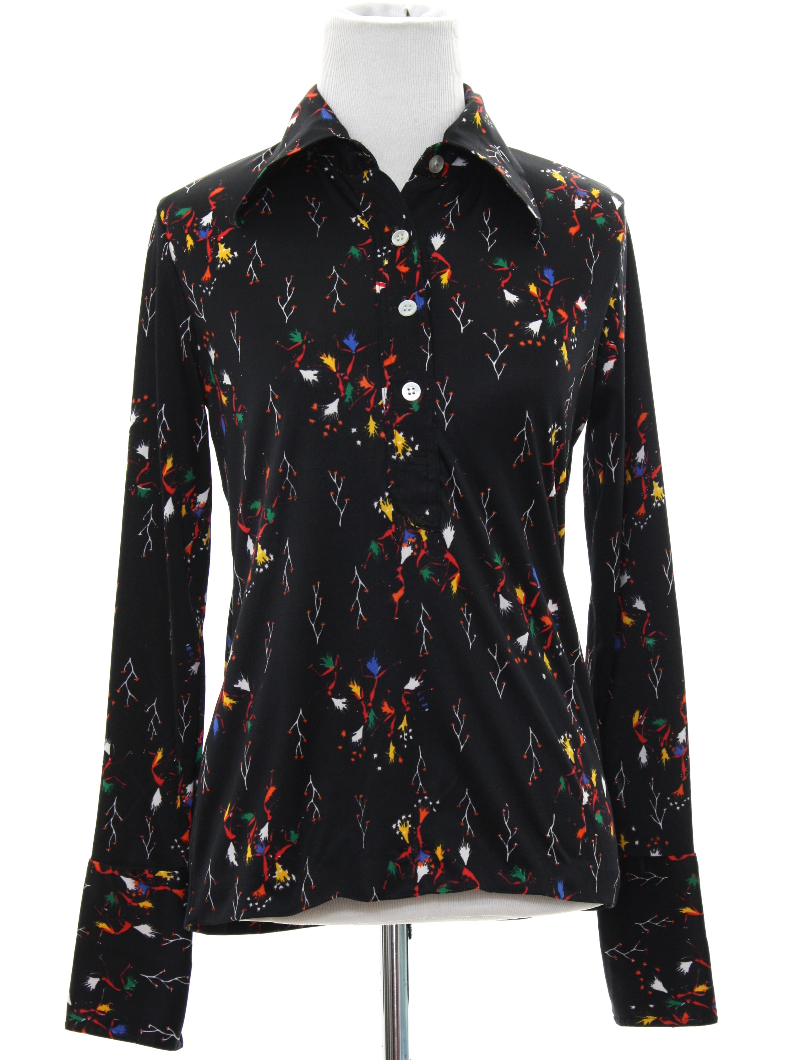 70s vintage import print disco shirt 70s import womens black background slinky 70s vintage import print disco shirt 70s import womens black background slinky
