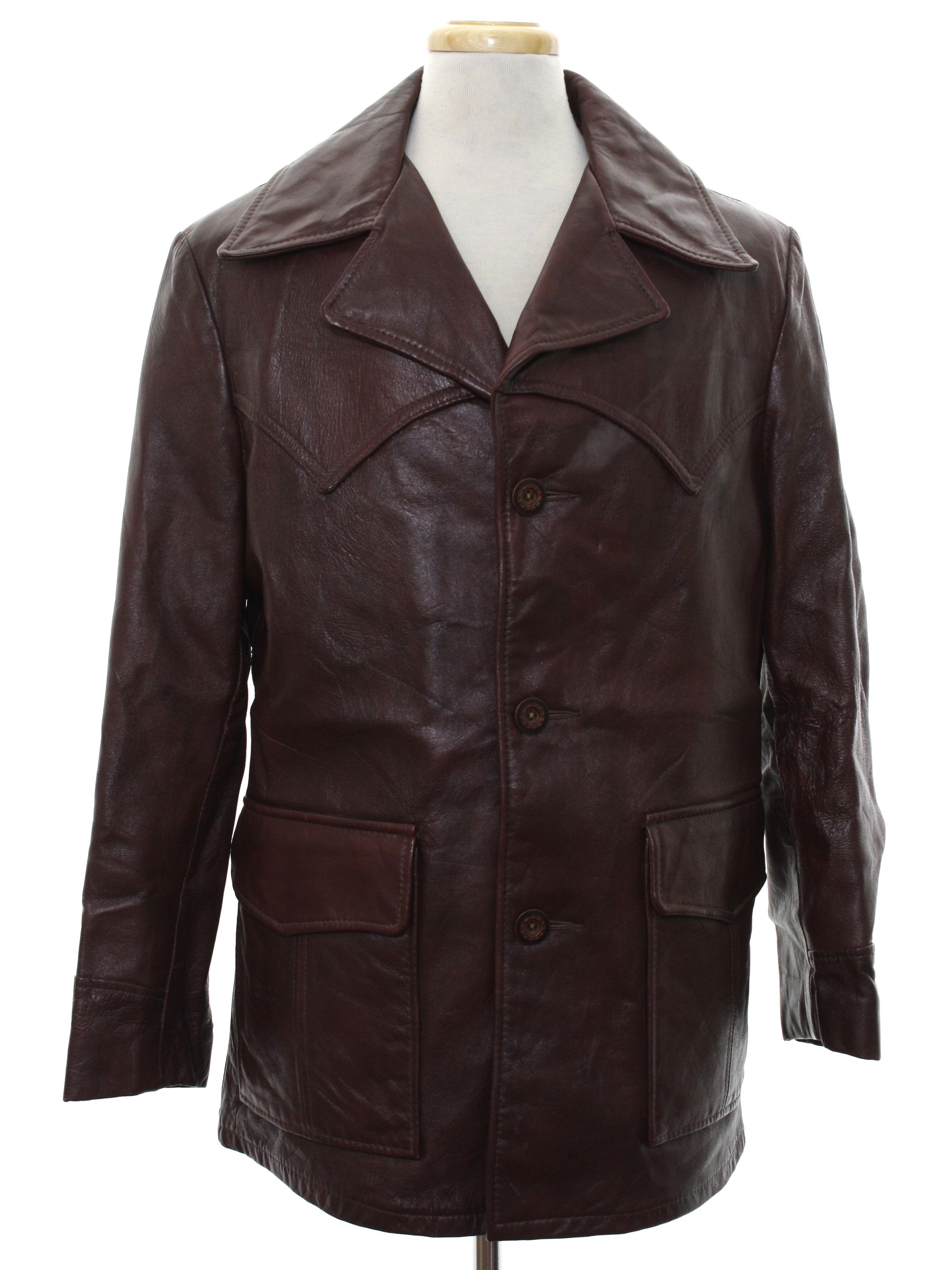 70s Retro Leather Jacket Missing Label Mens Dark Brown 70s Retro Leather Jacket Missing Label Mens Dark Brown Background Longsleeve 3 On Front Closure Car Coat