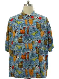 1990's Mens Big Dogs Rayon Tropical Cocktail Graphic Print Sport Shirt
